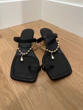 Freda Salvador Black Sandals with Gold Removable Chain
